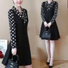 Long-sleeve Polka Dot Paneled A-line Dress