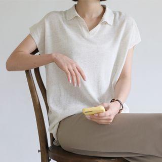 Open-placket Linen Blend Knit Top
