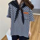 Set: Elbow-sleeve Striped T-shirt + Shawl