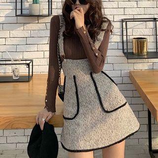Plain Long-sleeve Slim-fit Knit Top / Color-block Jumper Skirt