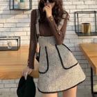 Plain Long-sleeve Slim-fit Knit Top / Color-block Jumper Skirt