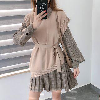 Set: Plaid Mini A-line Shirtdress + Sweater Vest
