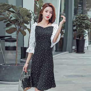 Elbow-sleeve Two-tone Dotted A-line Dress