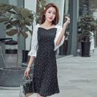 Elbow-sleeve Two-tone Dotted A-line Dress