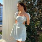 Puff Sleeve Square-neck Plaid Cut-out A-line Dress