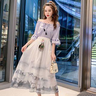 Embroidered Off-shoulder Elbow-sleeve Blouse / Dye Print High-waist Midi A-line Skirt / Set