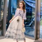 Embroidered Off-shoulder Elbow-sleeve Blouse / Dye Print High-waist Midi A-line Skirt / Set