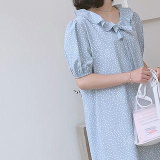 Frilled-collar Dotted Dress With Sash