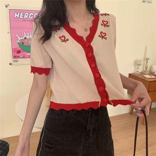 Short-sleeve Embroidered Cardigan Almond - One Size