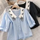 Embroidered Collar Elbow-sleeve Blouse
