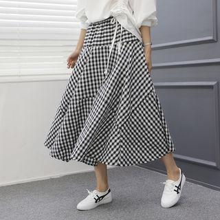 Gingham Long Flare Skirt Black - One Size