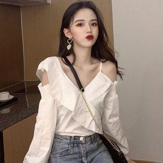 Ruffled Cold-shoulder Blouse White - One Size