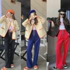 Contrast Trim Button-up Jacket / Plain Straight Leg Pants
