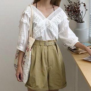 Crochet Lace Trim 3/4-sleeve V-neck Blouse / Wide-leg Shorts