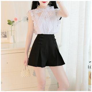 Set: Sleeveless Tie-neck Lace Top + Pleated Skirt