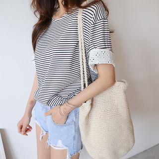 Lace-trim Stripe Cotton T-shirt