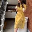 Short Sleeve Floral Printed Chiffon Midi Dress Yellow - One Size