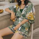 Elbow-sleeve Leaf Print Playsuit