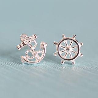 925 Sterling Silver Non-matching Anchor & Rudder Earring 1 Pair - As Shown In Figure - One Size