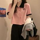 Short-sleeve Contrast-trim Button-up Polo Shirt