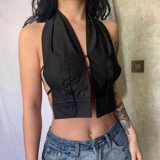 Halter-neck Open Back Tie-front Crop Vest Black - One Size