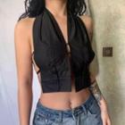 Halter-neck Open Back Tie-front Crop Vest Black - One Size
