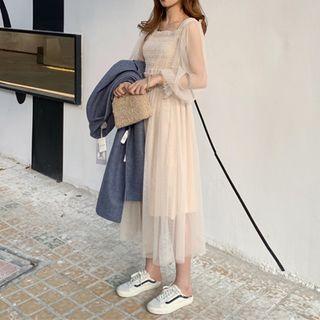 Set: Square-neck Mesh Long-sleeve Midi A-line Dress + Slipdress