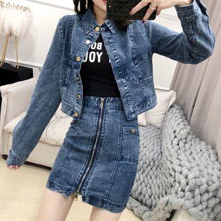 Set: Denim Jacket + Front-zip Mini Denim Pencil Skirt