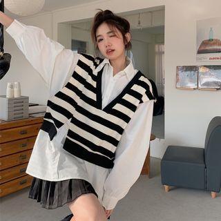 Mock Two-piece Striped Panel Blouse Stripes - Black & White - One Size