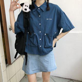 Printed Pocket Detail Elbow-sleeve Shirt