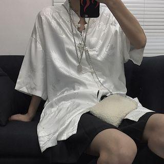 Elbow-sleeve Embroidered Frog-buttoned Shirt