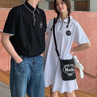 Couple Matching Short-sleeve Embroidered Placket T-shirt / T-shirt Dress