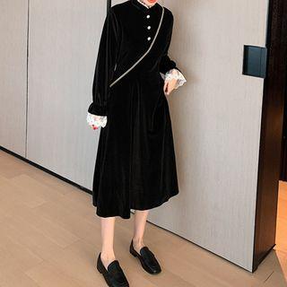 Flared-cuff Velvet Midi A-line Dress