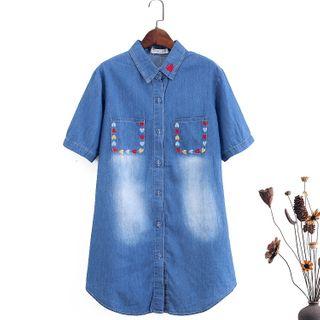 Short-sleeve Heart Embroidered Denim Shirt