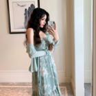 Sleeveless Floral A-line Midi Dress / Ruffled Light Jacket