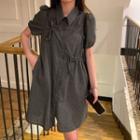 Short-sleeve Plaid Drawstring Shirtdress