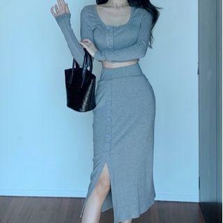 Long-sleeve Button-up T-shirt / Midi Pencil Skirt