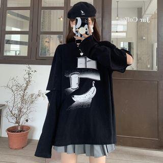 Detachable Sleeve Cartoon Print T-shirt Black - One Size