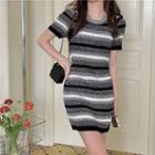 Short-sleeve Striped Knit Mini Dress Gray - One Size