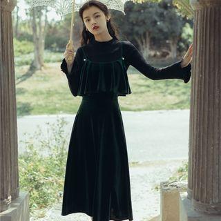 Set: Long-sleeve Knit Top + Spaghetti Strap Midi A-line Dress