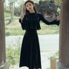 Set: Long-sleeve Knit Top + Spaghetti Strap Midi A-line Dress