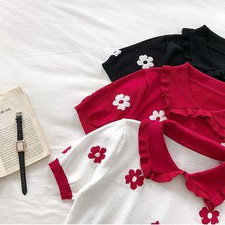 Flower Print Peter-pan Collar Short-sleeve Knit Top