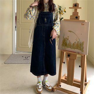 Cartoon Embroidered Denim Midi Pinafore Dress