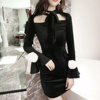 Pom Pom Bell-sleeve Sheath Velvet Minidress