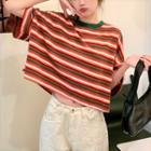 Loose-fit Short-sleeve Striped Open- Black T-shirt