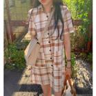 Short-sleeve Plaid Shirt Dress Plaid - Brown - One Size