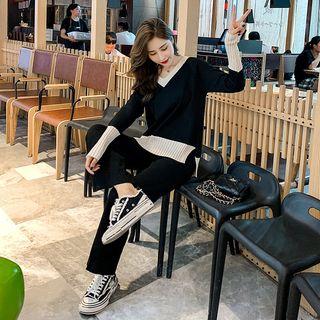 Set: V-neck Knit Top + Wide-leg Pants Set Of 2 - Black - One Size