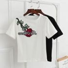 Elbow-sleeve Embroidered Rose T-shirt