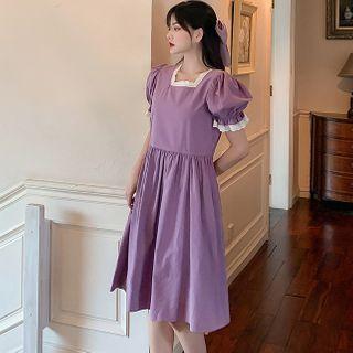 Lace Trim Square Neck Puff Sleeve A-line Dress