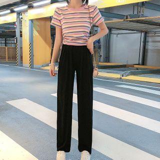 Set: Striped Short Sleeve Crop T-shirt + Wide Leg Pants